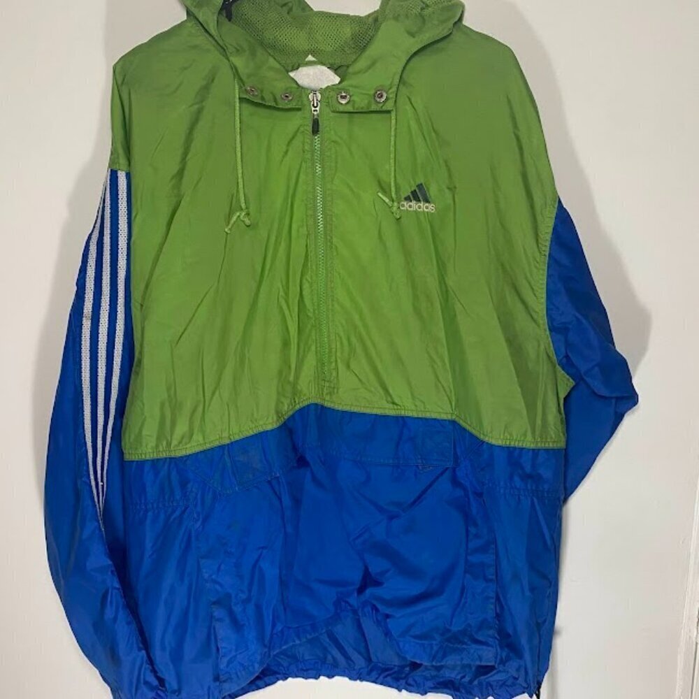 Adidas Vintage Green Blue Color Block Windbreaker Pullover Jacket